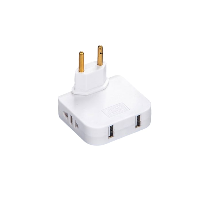 Adaptor priza cu 2 prize rotativ 180° potrivit pentru spatii inguste USB 2500W Alb