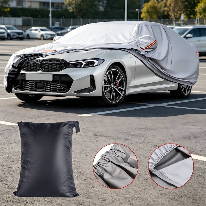 Premium Car Cover, Premium 6-Layer Waterproof Car Cover, UV Protection, Dust, Snow, with Reflective Strips, Mirror Pockets, Driver's Door Zipper, For Sedan, 450 x 180 x 150cm, Silver
