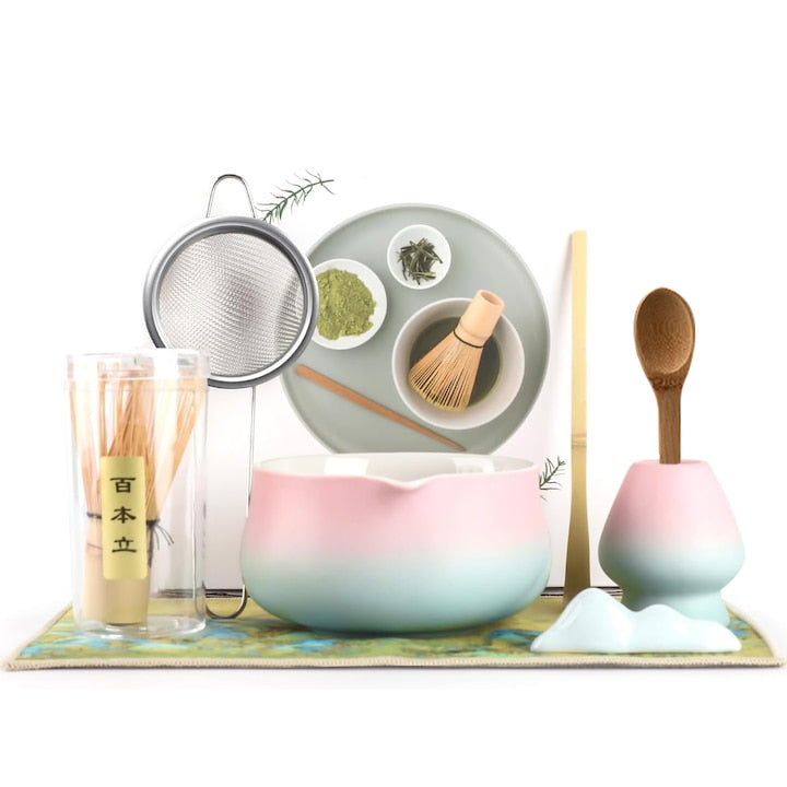 Matcha Tea Set Matcha Tea Set 8 Pieces Matcha Bowl Whisk Holder Bamboo Spoon Spoon Stand Cotton Tea Cloth Ceramic Whisk Holder Sieve pink