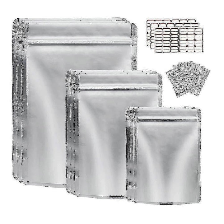Set 50 Pungi Mylar pentru Stocare Alimente cu 72 Etichete si 50 Absorbanti de Oxigen 14x10inch 10x7inch 7x5inch