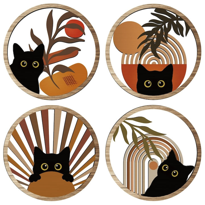 Fantasy Hanging Wall Decoration Set, 4 Pieces, Boho Style, Cat Theme, Round Wooden Wall Decor, Abstract Design, Modern, For Home, Bedroom, Living Room, Wall Art, Dimensions 25x25x0.5cm, Farmhouse Geometric, Brown