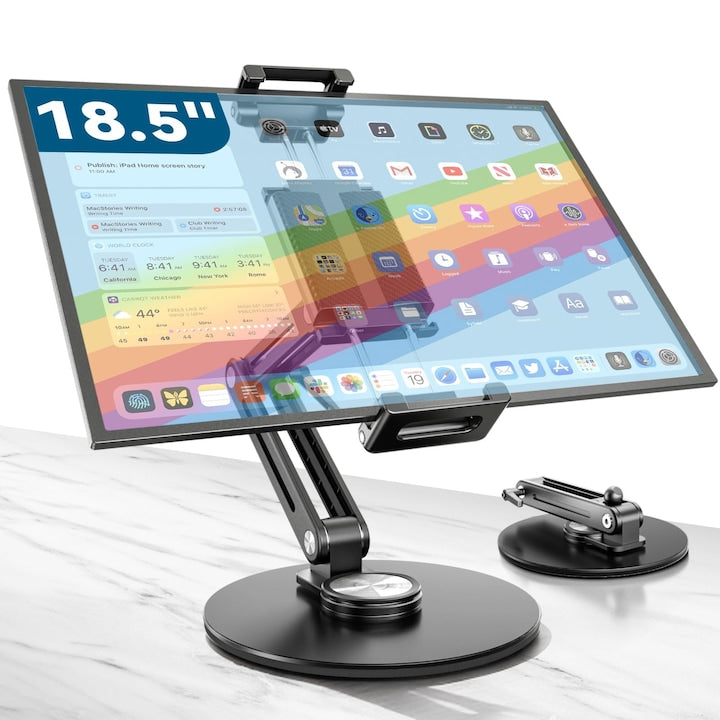 Suport portabil pentru monitor cu clema mare suport de birou pliabil din aluminiu rezistent pentru ecrane de 6 5-18 "5" baza rotativa la 360° suport pentru iPad si tableta pentru bucatarie calatorii si birou Negru mat