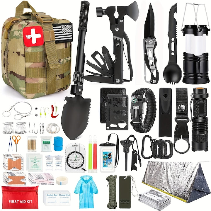 Set Supravietuire WALALLA 250 Piese Kit Prim Ajutor Cort Urgenta Sac MOLLE Verde Camuflaj 15x13.5x20.5cm