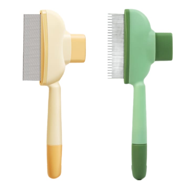 Set 2 Perie trimmer pentru caini si pisici cu par lung sau scurt cu buton de eliminare a parului animale de talie mica si medie 20x8.2x2cm ABS + dinti din otel inoxidabil Galben/verde