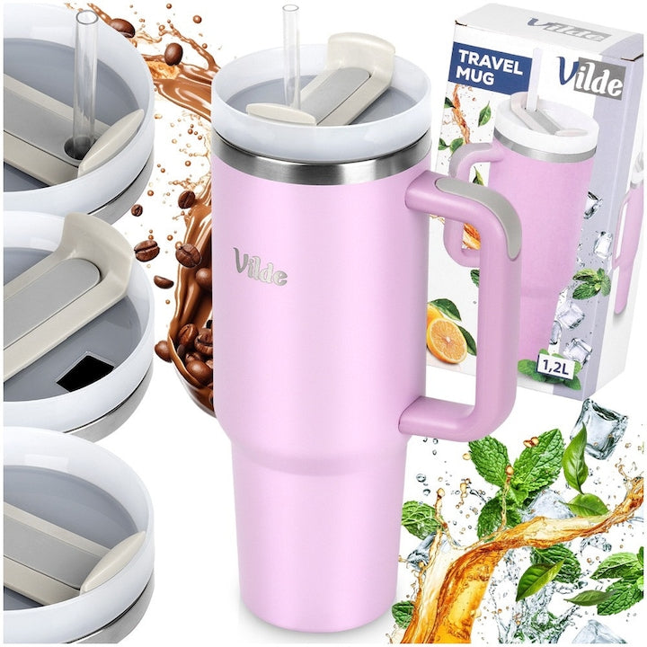 Cana Termos Din Otel Inoxidabil Cu Maner Si Pai Vilde 1.2 l Roz Perete Dublu Cu Izolare In Vid Mentine Bauturile Calde Sau Reci Capac Etans Cu Functie De Rotire Ideala Pentru Calatorii Birou Si Masina Design Robust Si Modern Bpa Free