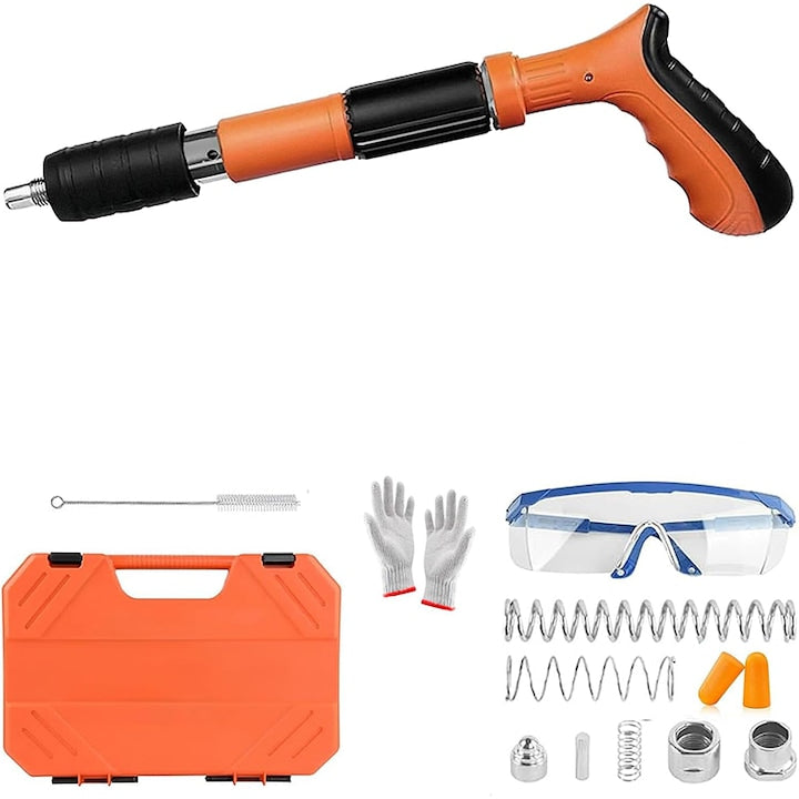 Kit Pistol de cuie manual Rqiurpn Profesional pentru fixare in beton lemn fier pardoseala Calibru 7.3 cm Pneumatic Accesorii Ochelari de Protectie Cutie Transport Portocaliu