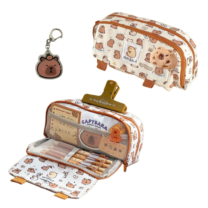 School Pencil Case, 3 Pieces, Kids' Pencil Case, Capybara, Comes with a Keychain, a Brooch, Can Hold 80 Pens, 2 Zippers, Wide Opening Design, Large Capacity, Easy to Clean, Multifunctional, 20x7x10 cm, Canvas