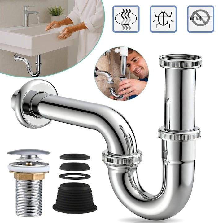 P-Trap Made of Universal Brass for Sinks and Basins, G1 1/4 Inch Drain Connection with Rubber Seal and Sink Stopper, Plumbing/Pipe Replacement Kit, Drain Pipe