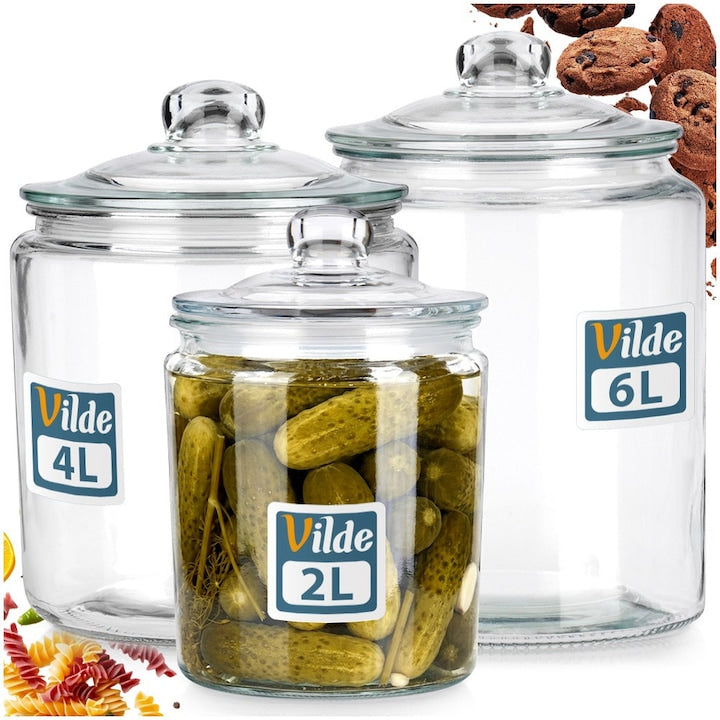 Set 3 Recipiente Alimentare Vilde Standard Capacitate 2 4 Si 6 L Transparent Sticla Groasa Cu Capac Si Garnitura Borcan Ermetic Pentru Depozitare Alimente Si Muraturi