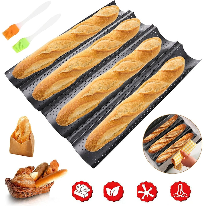 Baking Pans for French Bread, Non-Stick 4-Loaf Baguette Pan, Black, Rectangular, Functional, Toaster Oven Pan, 38 cm x 32 cm x 3 cm