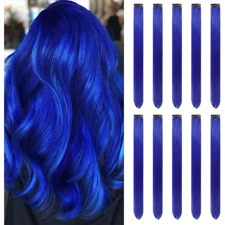 OEM - 10 pieces 22-inch Colored Hair Extension Straightening Plates Colored Hair Extensions for Parties Clip-in Long Synthetic Hair Extensions for Girls Women Kids Christmas New Year Gifts (Blue)