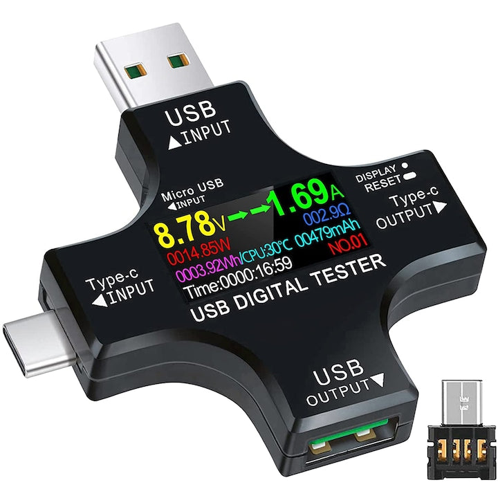 Tester USB voltaj putere capacitate Type C Digital Negru