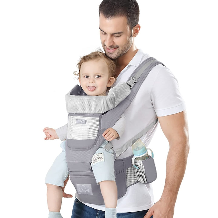 Marsupiu ergonomic reglabil cu buzunar de depozitare multifunctional purtare copil in fata sau in spate cu sezut pe sold sau pe umeri 6 moduri de purtare 12 pozitii 100% bumbac Gri
