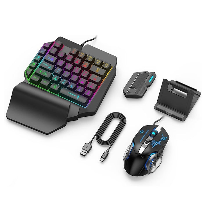 Set tastatura si mouse gaming Rqiurpn RGB Adaptor convertor Tastatura gaming Compatibil telefoane mobile cu sistem de operare android Negru