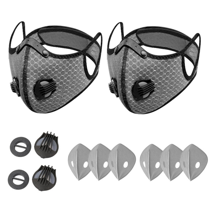 Set de 2 masti de praf reutilizabile ZOUN cu 6 filtre si 4 valve rezistente la vant anticeata gri