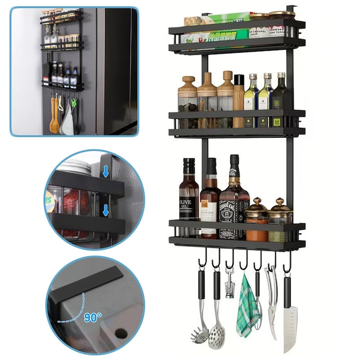 Refrigerator Side Wall Storage Rack for Spices Refrigerator Organizer with Hooks Refrigerator Shelf Black Three-Tier Refrigerator Wall Mount