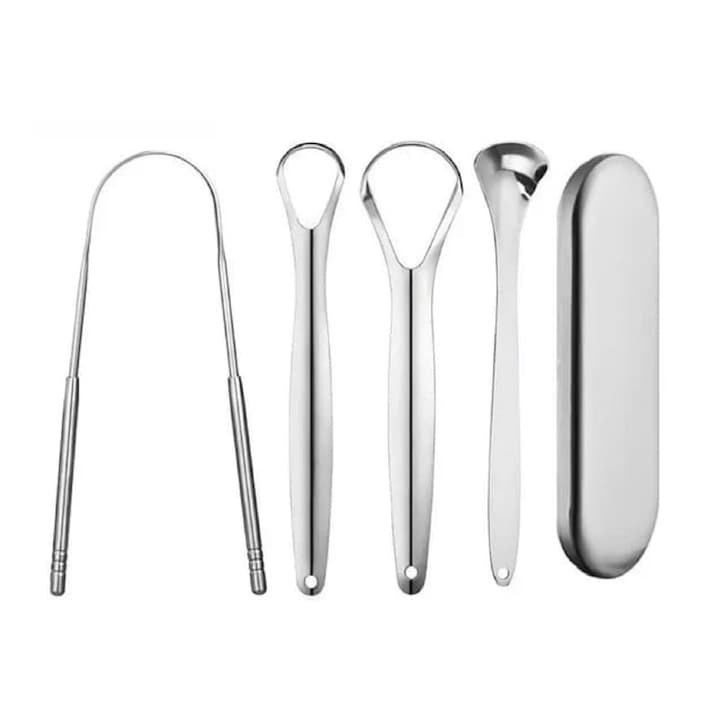 Set curatare limba Nybgyy inox ergonomic 4 piese cu cutie de depozitare
