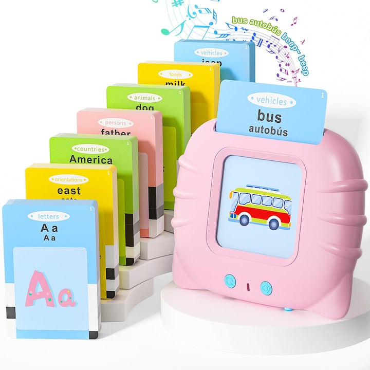 Jucarie educativa Montessori pentru copii Set masina de invatare cuvinte in limba engleza cu cititor de carduri flash 224 de cuvinte 112 carduri incarcare MicroUSB 2 ani+ Albastru