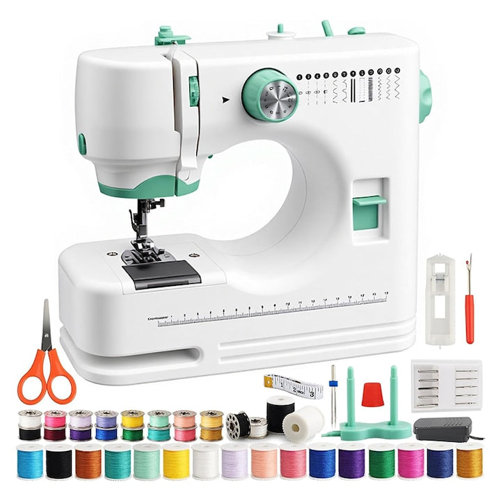 Omelivon Sewing Machine Automatic Threading Reverse Stitching 12 Stitch Types 2 Speeds 4-Step Buttonhole Tension Adjustment (1-9) Double Needle Support LED Lighting With Foot Pedal Compatible with Many Types of Textile Materials White