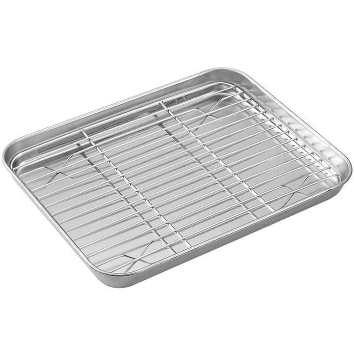 Baking Tray with Rack ZGGZERG High Temperature Resistant Rectangular Reusable Easy to Clean Stainless Steel For Baked Bacon, Bread, Pastries, 26*20*2.5cm, Silver