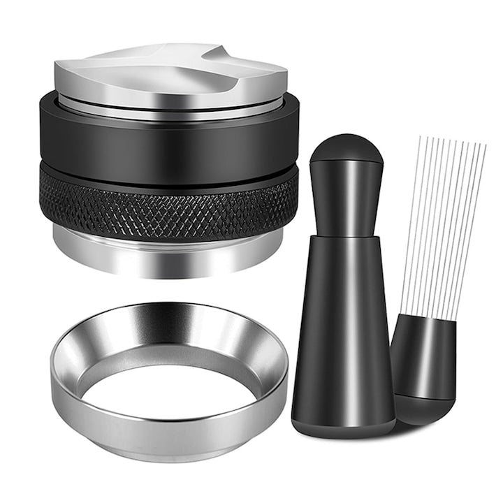 Set de 3 Accesorii Espresso 51mm Rqiurpn Distribuitor si tamper Unealta WDT Palnie de dozare Inox Negru