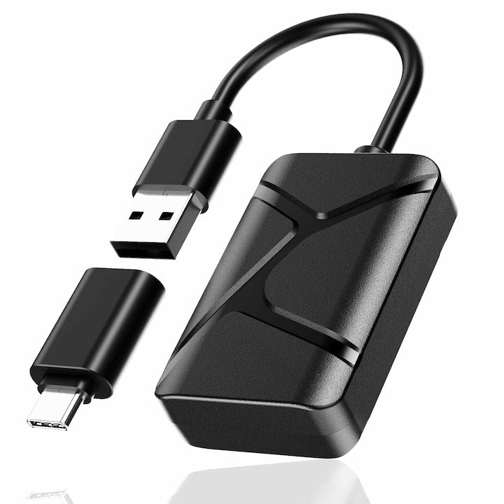 Adaptor wireless 2-in-1 pentru CarPlay si Android Auto Plug and Play USB si USB-C WiFi 5 GHz Bluetooth 5.2 OUYLAF Negru
