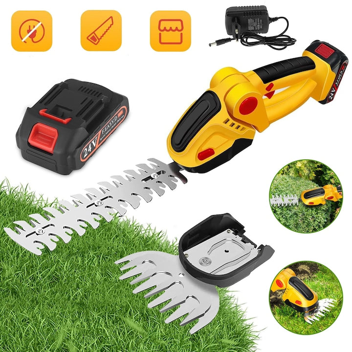 24V Cordless Hedge Trimmer 2-in-1 Cordless Electric Grass Trimmer with 2 Interchangeable Blades, 1 Rechargeable Battery and Charger, for Garden and Shrub Trimming
