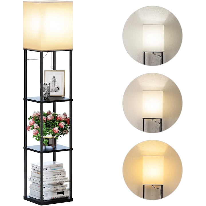 Wacorresi Rectangular Floor Lamp with Shelves, 9W, Dimmable Three-Color Bulbs, 158X26X26cm, Black/White