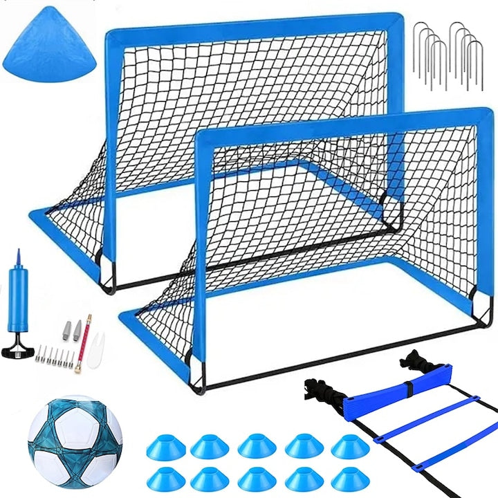 Set de antrenament fotbal 120x90cm kit de antrenament fotbal cu o minge de fotbal 10 conuri o scara de agilitate pompa de aer si un rucsac portabil WALALLA albastru