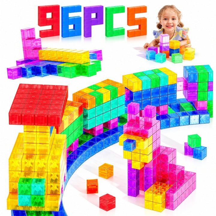 Set de constructie cu placi magnetice Set de Construit cu Piese Magnetice 96 Cuburi Magnetice Potrivite pentru Baieti si Fete Jucarii Educative Creative 3-8 Ani transparent