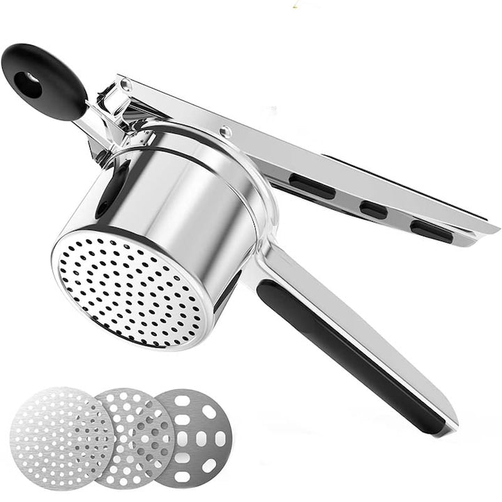 Potato Masher Rqiurpn Stainless Steel 3 Interchangeable Discs Ergonomic Silicone Handle Silver