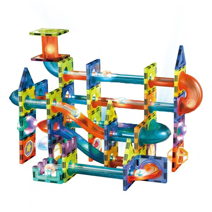 Set de Blocuri Magnetice cu Lumina Duueyct 110 piese Efect de Stralucire in Intuneric Traseu cu Bile Forme multiple Jucarie Educationala si Creativa STEM Dezvolta Abilitati Manuale Imaginatia Spatiala Gandirea Logica si Atentia Multicolor