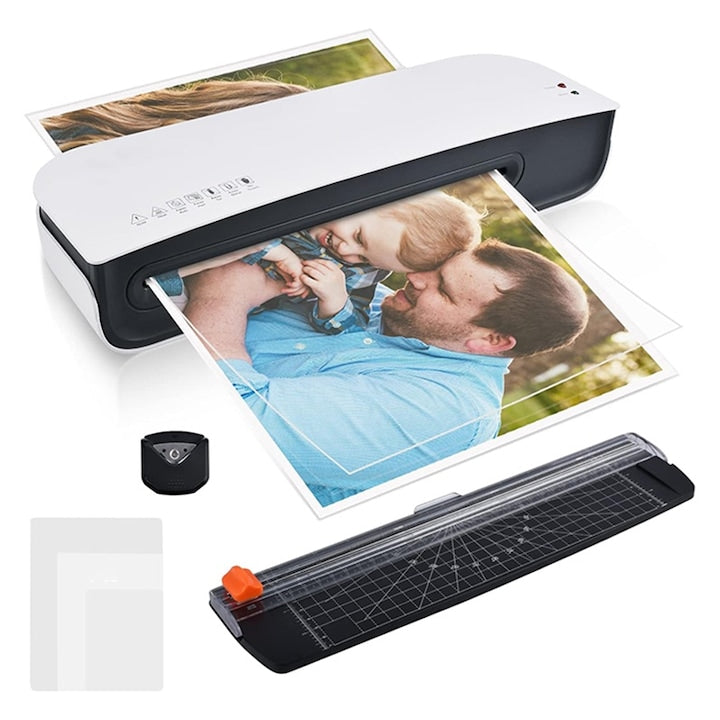 Laminator automat de hartie A4 Rqiurpn laminare la cald taietor hartie colturi rotunjite moduri termice si rece 340 mm/min 125 microni operare cu o singura atingere pentru birouri scolare acasa