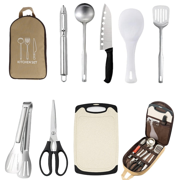 8-Piece SANSES Stainless Steel Camping Cutlery Set with Spoon, Cooking Spoon, Scissors, Knife, Chopping Board, Spatula, Tongs, Storage Bag for Travel, Outdoor Outings, or Hiking, Black
