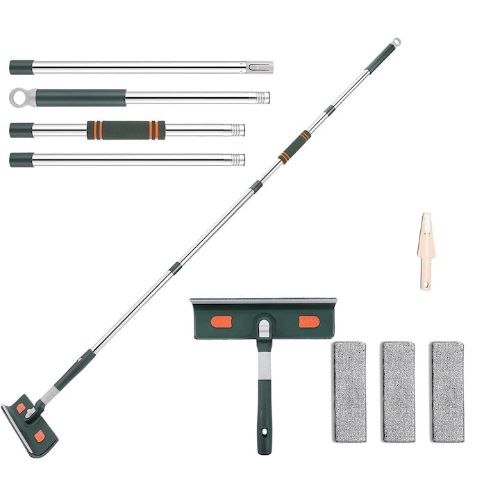 Stergator de geamuri telescopic multifunctional Axroad Mall 4 in 1 Ajustabil 72-172cm Cu 3 lavete din microfibre racleta din cauciu Design ergonomic Usor de utilizat Rotativ la 180° Pentru geamuri gresie faianta sau podea Verde