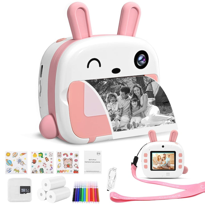 Camera Printare Instanta pentru Copii WALALLA Zero Cerneala 1080P HD 3 Role Hartie Card 32G 12 Creioane Colorate Suport WiFi Portabil pentru Copii 3-14 Ani Roz