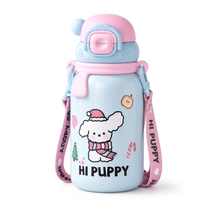 Sticla Termos pentru Copii 550 ml Inox 316 Dubla Deschidere Cu Curea de Umar Blocare de Siguranta Anti-Scurgere Model Catel Cartoon Albastru si Roz