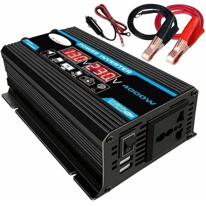 Invertor 12V la 220V/110V 4000W unda sinus pur convertor/incarcator auto dual USB cabluri pentru baterie incluse negru 1 buc