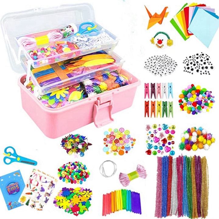 Set 3000 de Piese de Arta si Meserii pentru Copii cu cutie portabila de depozitare pliabila in 3 straturi Jucarie de artizanat pentru copii fete si baieti de 3-9 ani