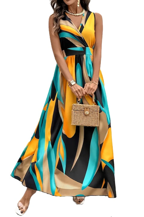 import - Elegant long summer dress with geometric print, vibrant colors, deep V-neck 12 installments with 0% interest