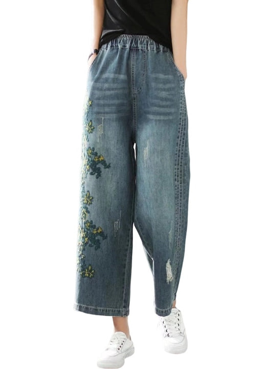 OEM - Women's jeans, ethnic style, embroidered, elastic waist, vintage A12 (international) 12 installments with 0% interest