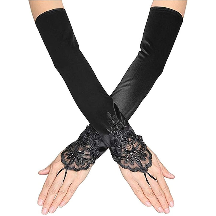 Cafuneplus - Manusi dama elegante pana la cot mireasa/nasa fara degete satin cu dantela marime universala Negru