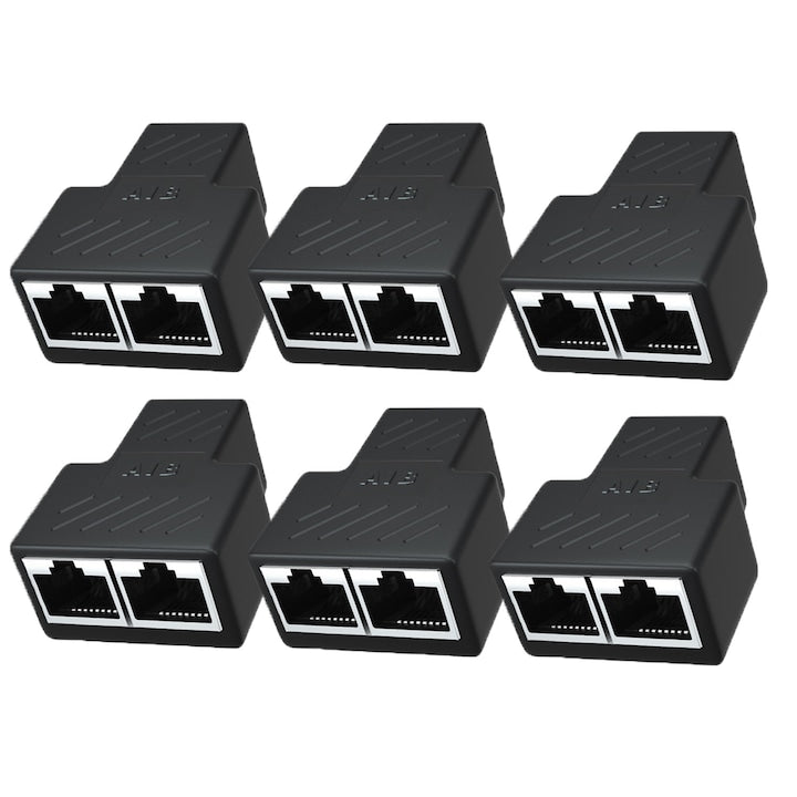 Set of 6 RJ45 1 to 2 Dual Port Network Cable Splitters, 100 Mbps, Router/PC/IPTV Compatible, Cat7/Cat6/Cat5/Cat5e, OUYLAF, Black
