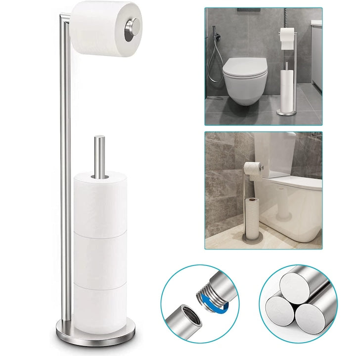 Bathroom Toilet Paper Holder, Freestanding Dispenser with Heavy Base, for 3-4 Jumbo Rolls, Rustproof Stainless Steel Toilet Paper Holders, with Reserve Function