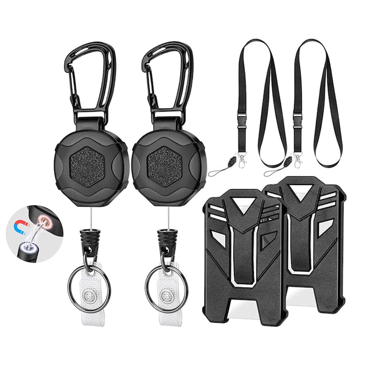 Set de 2 brelocuri magnetice retractabile ZOUN cu snur si suport pentru carduri durabile suport pentru ecusoane cu carabina otel inoxidabil/aliaj Azusa/ABS multifunctionale negre