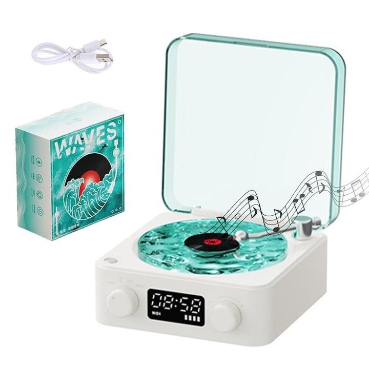 Difuzor Bluetooth imersiv in stil Ocean Wave aspect vintage de aparat de discuri de vinil iluminare ambientala reglabila RGB reincarcabila portabila WALALLA alb
