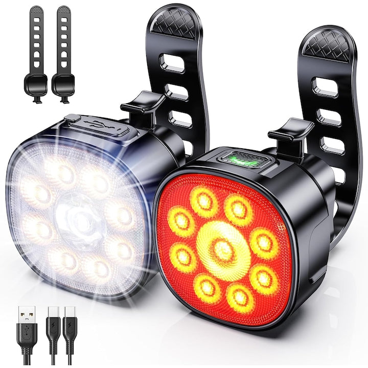 Bedee Bicycle Light Set Front Headlight: 600mAh, Rear Taillight: 350mAh, Suitable for Cycling, Camping, Hiking, 12*8.2*3.3cm, Black