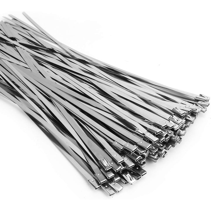Set 100 buc coliere (soricei) inox protectie UV pentru gestionarea cablurilor tevi acoperisuri subsoluri kituri de gard electric 300 mm x 4.6 mm Argintiu