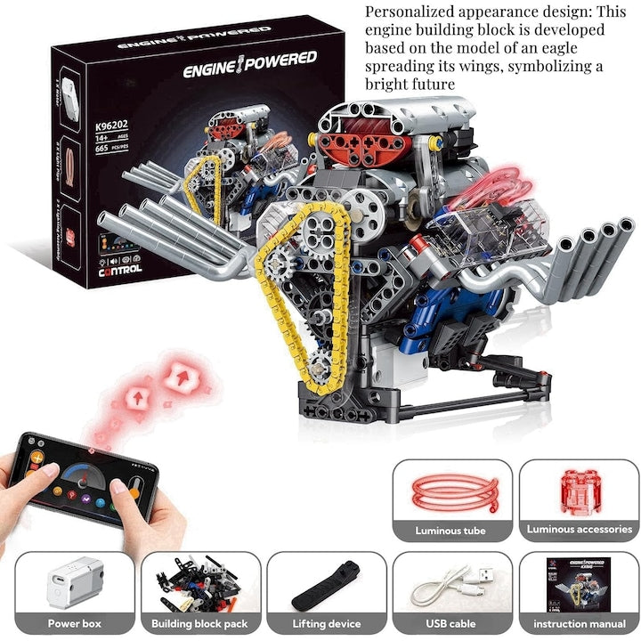 Set de constructie motor V8 665 de piese pentru control programabil compatibil cu Lego Set motor auto DIY pentru operare cu control programabil Construieste-ti propriul model de motor STEM 14+ WALALLA