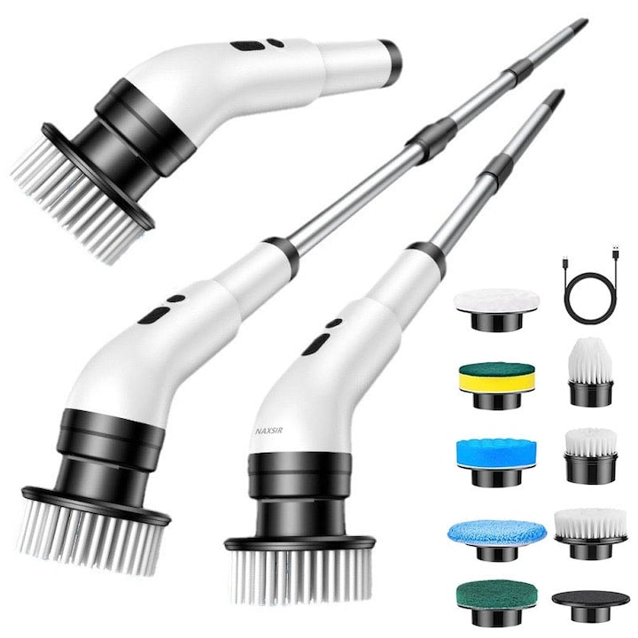 Perie electrica de curatare multifunctionala NAXSIR 8 capete inlocuibile 2 viteze maner reglabil si detasabil autonomie 90 de minute IPX7 impermeabil reincarcabila USB 75 W alb